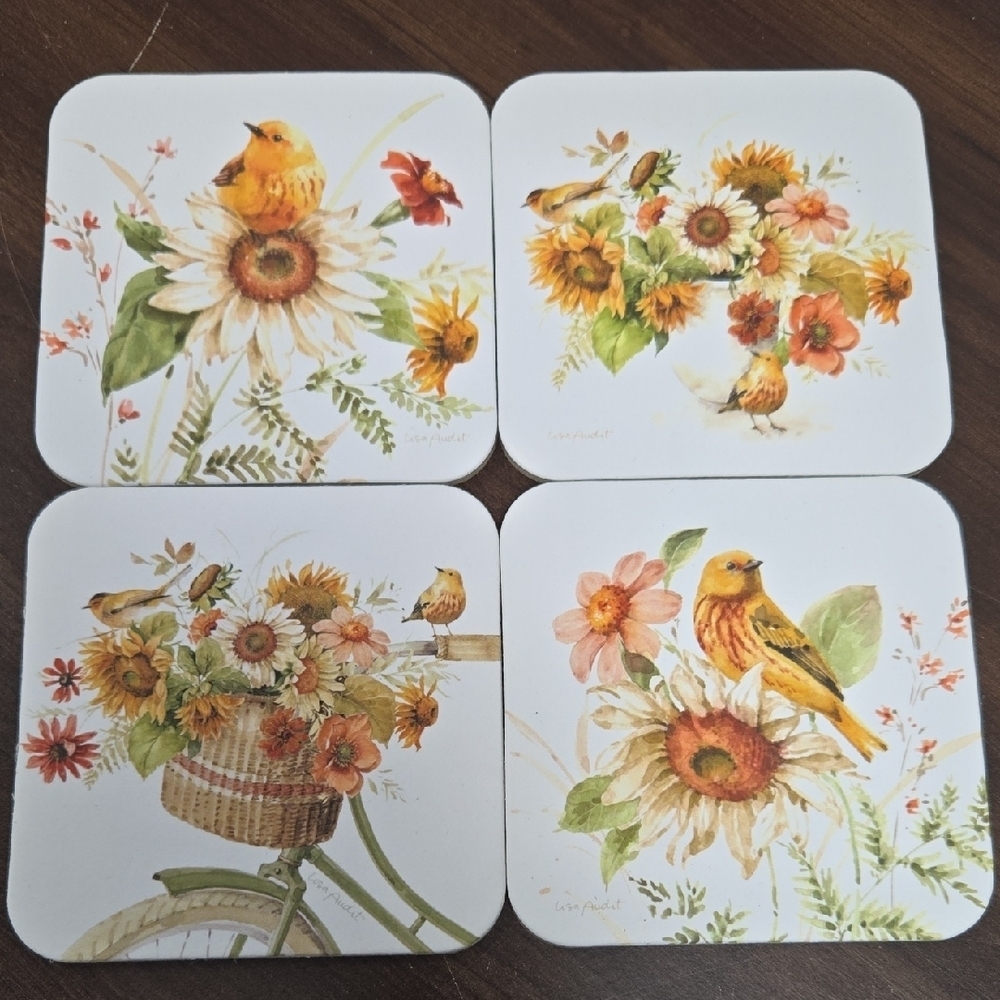 Legacy Publishing Set of 4 Cork Backed Floral and Bird Themed Coasters
